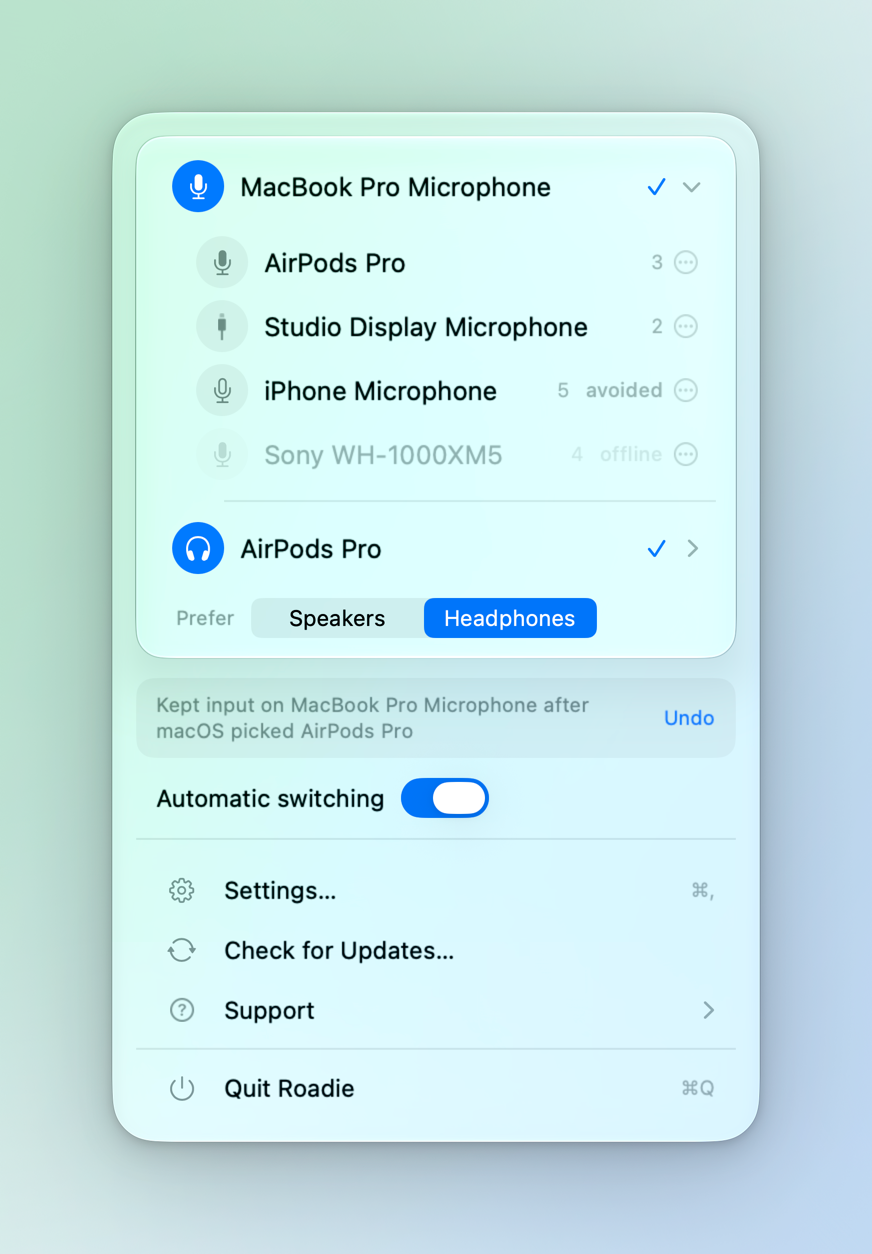 Roadie menu bar panel with the input device list open, light mode