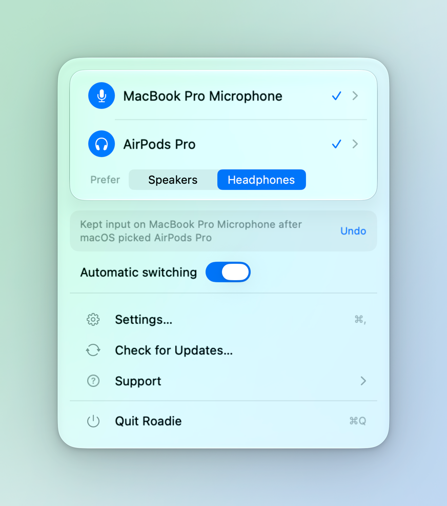 Roadie 0.9.9 menu with example devices, a correction message with Undo, and automatic switching.