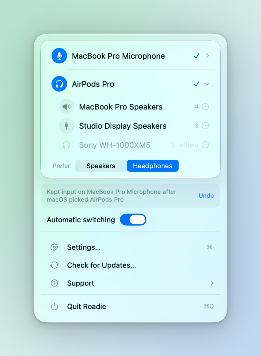 Roadie menu bar panel with the output device list open, light mode