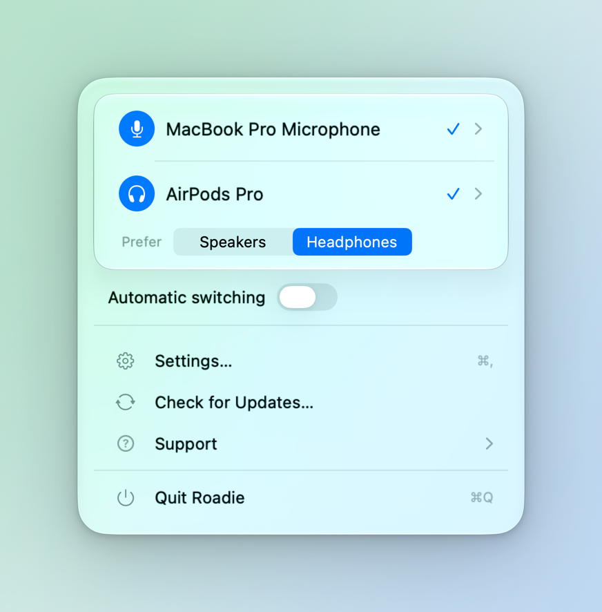 Roadie menu bar panel with automatic switching turned off, light mode