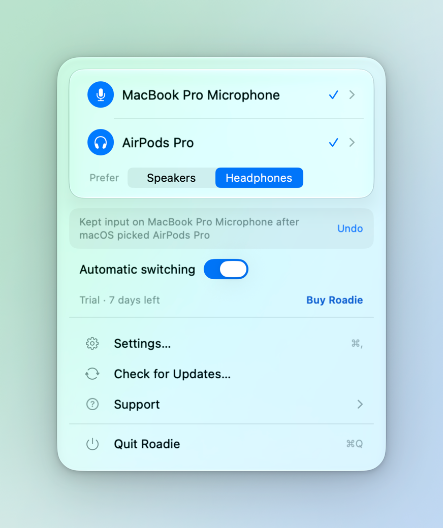 Roadie menu bar panel during the trial, with a Buy Roadie link, light mode